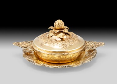 View full screen - View 1 of Lot 348. A silver-gilt covered ecuelle with stand, Jean-Louis III Imlin, Strasbourg, 1757-1758 | Ecuelle couverte et son présentoir en vermeil, par Jean-Louis III Imlin, Strasbourg, 1757-1758.