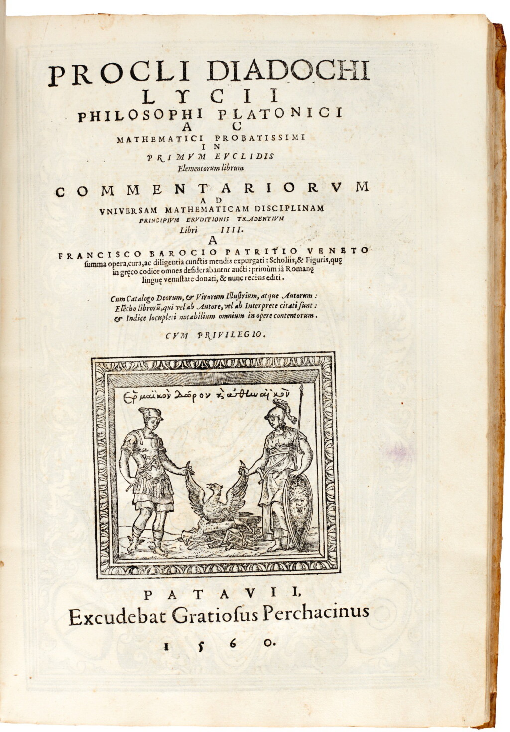 View full screen - View 1 of Lot 245. Proclus Diadochus, In primum Euclidis elementorum commentariorum, Padua, 1560, contemporary limp vellum.