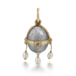 A Fabergé jewelled varicoloured gold and guilloché enamel egg pendant, workmaster Henrik Wigström, St Petersburg, circa 1900