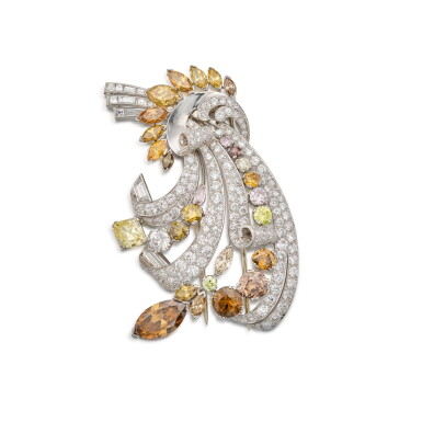 View full screen - View 1 of Lot 35. Fancy Colored Diamond, Colored Diamond and Diamond Clip-Brooch.
