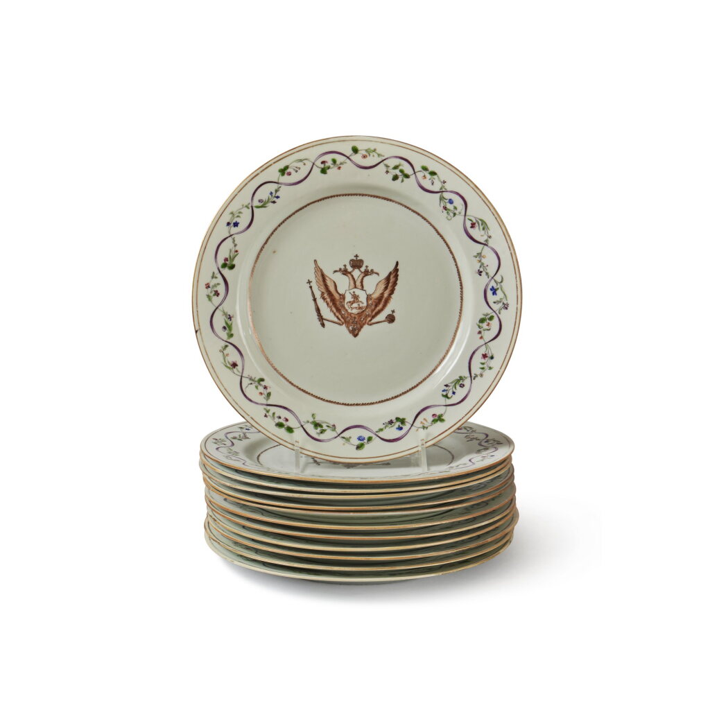 View full screen - View 1 of Lot 722. An Assembled Set of Twelve Chinese Export Royal Armorial 'Catherine the Great' Plates, Qing Dynasty, Qianlong Period, circa 1785.