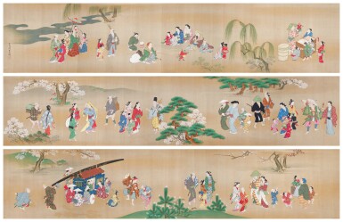 View full screen - View 1 of Lot 2088. Miyagawa Choshun (1683-1753), Street performers in spring, Edo period, early 18th century | 宮川長春 遊楽図巻 江戸時代中期 18世紀前半.