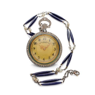 View full screen - View 1 of Lot 394. A platinum, yellow gold, enamel and diamond set pendant watch with necklace, Made in 1909.