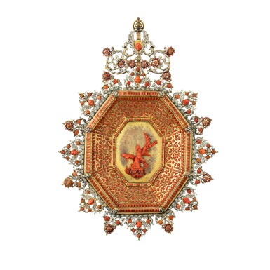View full screen - View 1 of Lot 263. A Sicilian, Trapani coral inlaid and gilt copper octagonal devotional plaque with Saint Francis, Late 17th century.