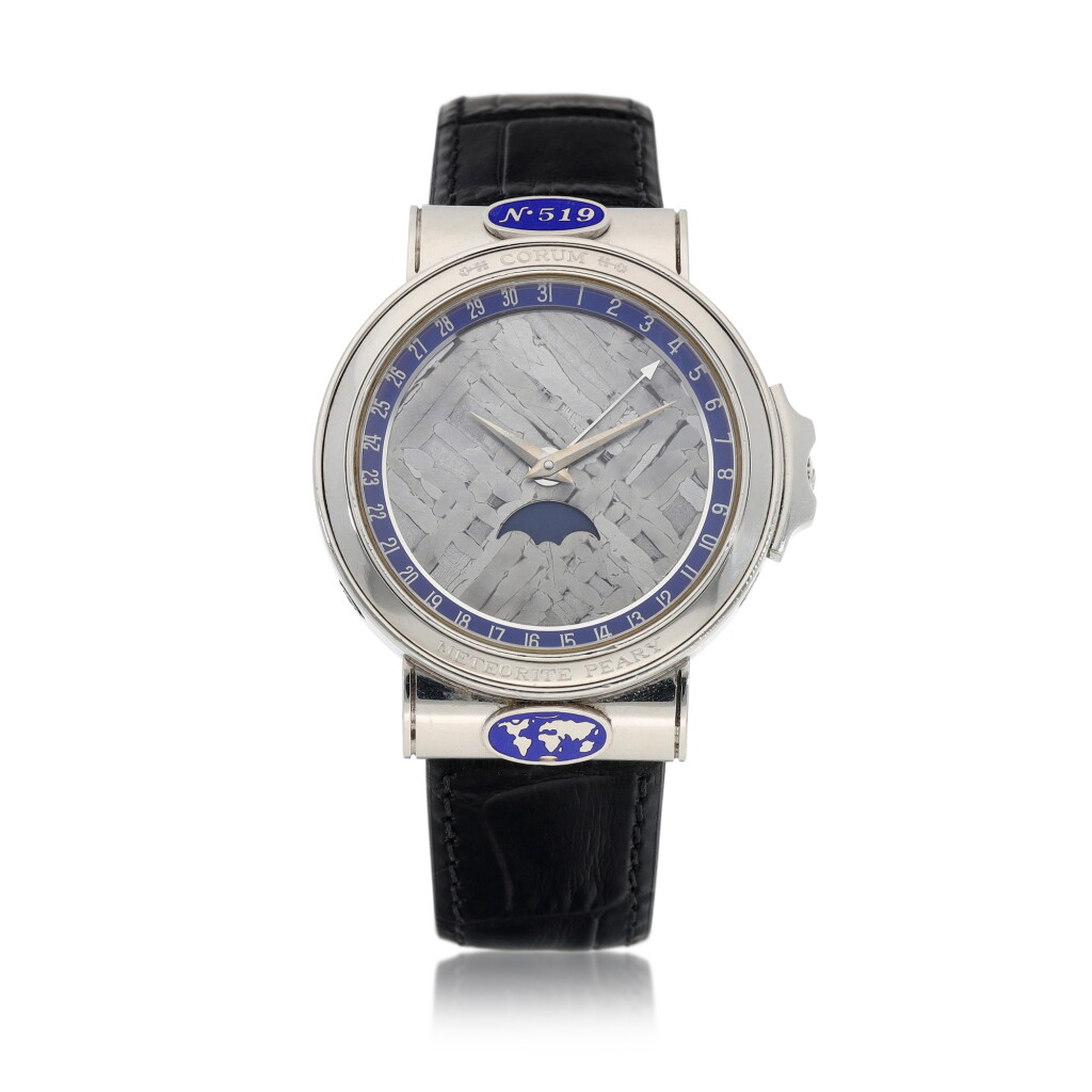 View full screen - View 1 of Lot 9339. Corum | Reference 61.450.70, A platinum wristwatch with meteorite dial, moon phases and date, Circa 1990 | 昆侖 | 型號61.450.70 鉑金腕錶,備日期、月相顯示及隕石錶盤,約1990年製.