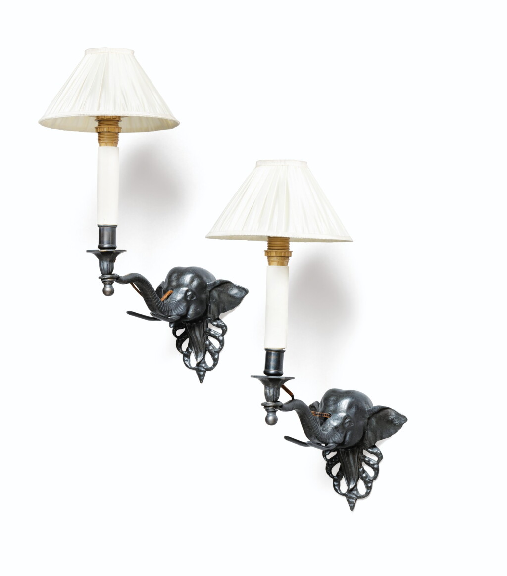 View full screen - View 1 of Lot 92. A pair of modern patinated metal wall lights .