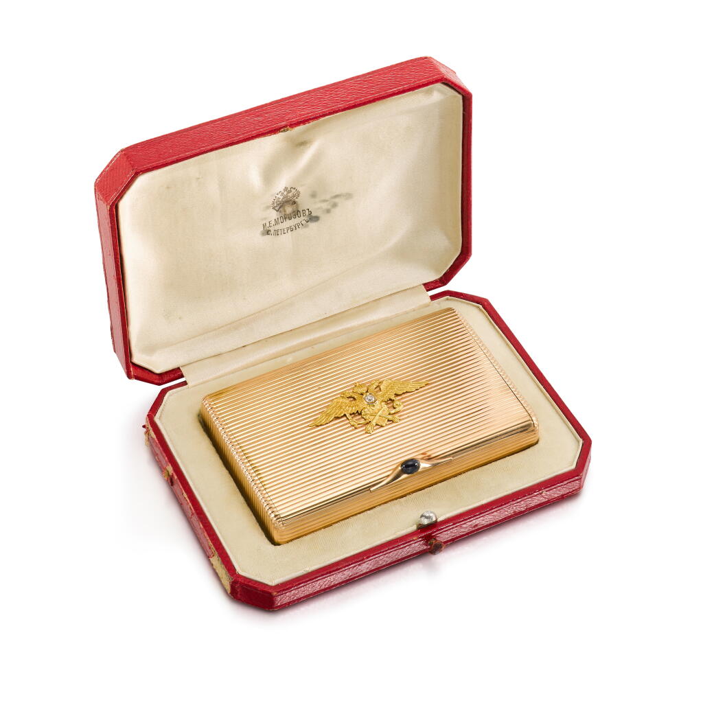View full screen - View 1 of Lot 140. A jewelled gold Imperial presentation cigarette case, Morosov, St Petersburg, 1908-1917.