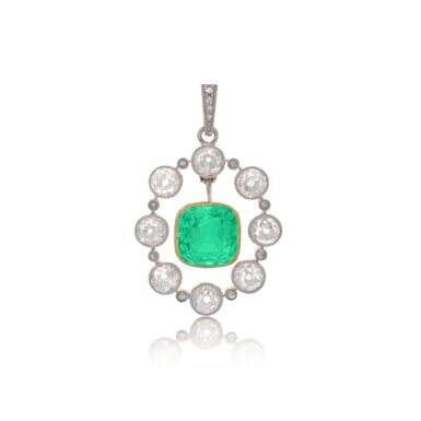 View full screen - View 1 of Lot 1035. Emerald and diamond pendant, circa 1910.