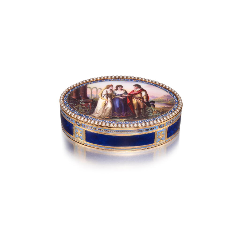 View full screen - View 1 of Lot 356. A Pearl-Set Gold and Enamel Snuff Box, Maker's Mark B&H, Geneva, Circa 1785/1790.
