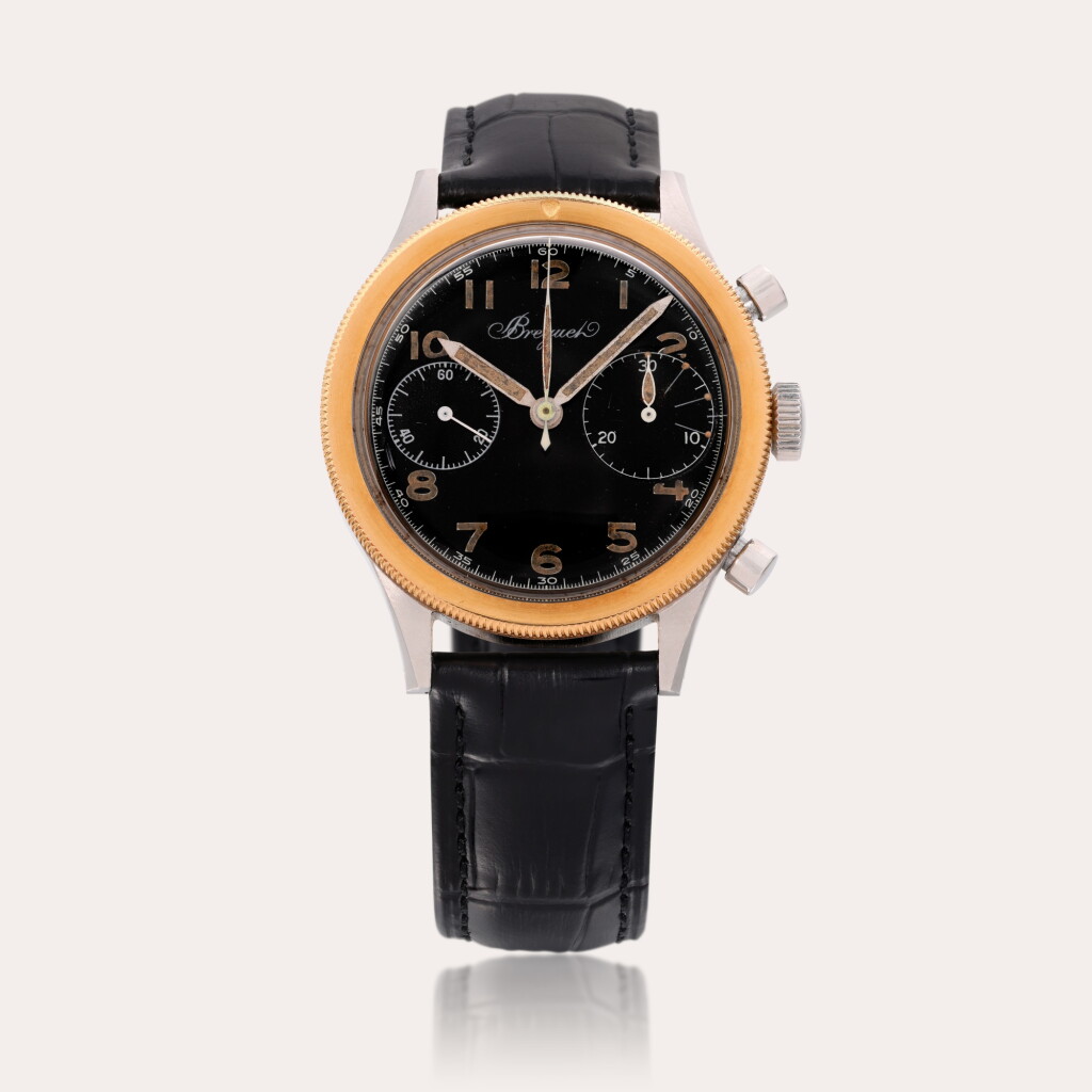 View full screen - View 1 of Lot 16. Type XX | An extremely rare flyback chronograph wristwatch, One of only Two stainless steel examples known to exist with a yellow gold bezel .