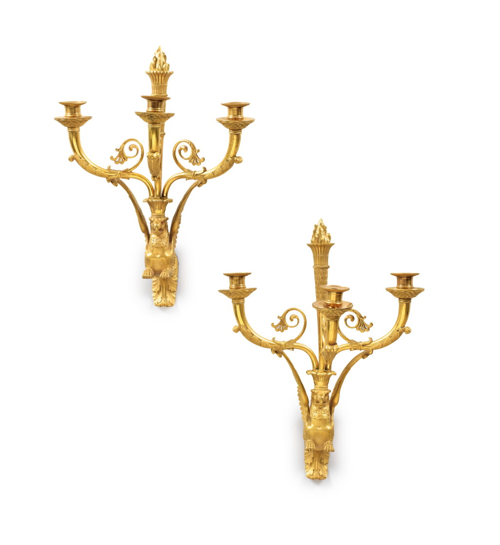 View full screen - View 1 of Lot 80. A PAIR OF EMPIRE GILT-BRONZE WALL LIGHTS, ATTRIBUTED TO CLAUDE GALLE, CIRCA 1810 | PAIRE D'APPLIQUES EN BRONZE DORÉ D'ÉPOQUE EMPIRE, VERS 1810, ATTRIBUÉE À CLAUDE GALLE .