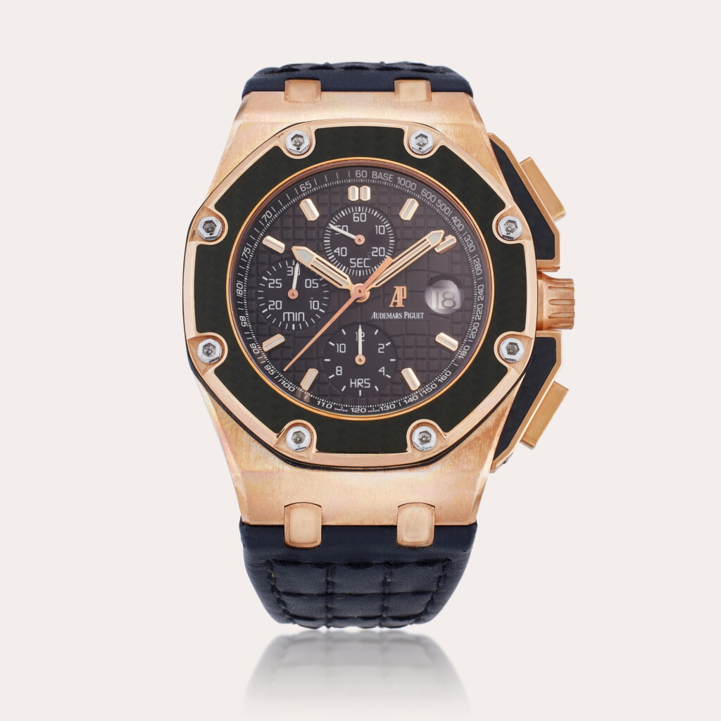 View full screen - View 1 of Lot 148. Reference 26030RO.OO.D001IN.01 Royal Oak Offshore 'Juan Pablo Montoya' | A limited edition pink gold automatic chronograph wristwatch with carbon fiber inserts and date, Circa 2004.
