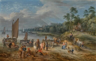 View full screen - View 1 of Lot 148. A river landscape with villagers unloading their boats by the shore.