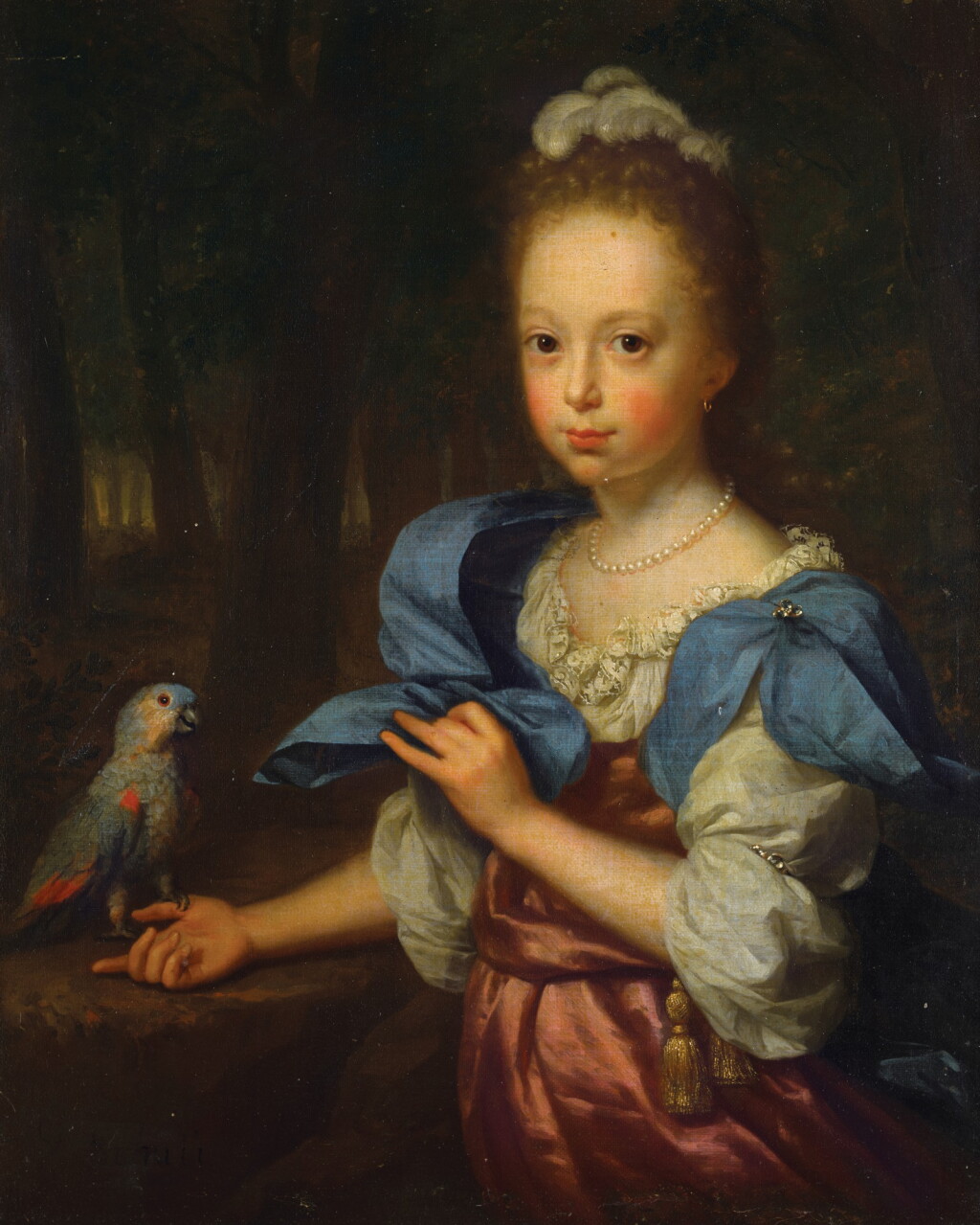 View full screen - View 1 of Lot 35. Portrait of a girl, three-quarter length, wearing a pink silk dress and blue wrap, with a parrot in a forest landscape | 《穿粉紅絲綢連衣裙、披藍色披肩、手托鸚鵡的少女的大半身肖像與森林景觀》.