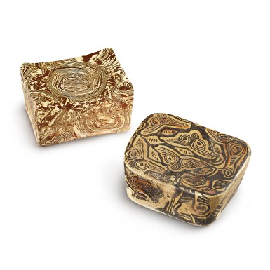 View full screen - View 1 of Lot 327. Two marbled pillows, Tang dynasty 唐 褐釉絞胎 及 黃釉絞胎蝴蝶紋長方枕一組兩件.