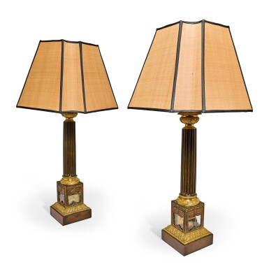 View full screen - View 1 of Lot 134. A pair of Charles X gilt and patinated bronze table lamps, circa 1825.