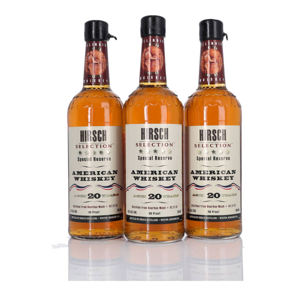 View full screen - View 1 of Lot 281. Hirsch Selection Special Reserve 20 Year Old 96 Proof 1987 (3 BT 75cl).