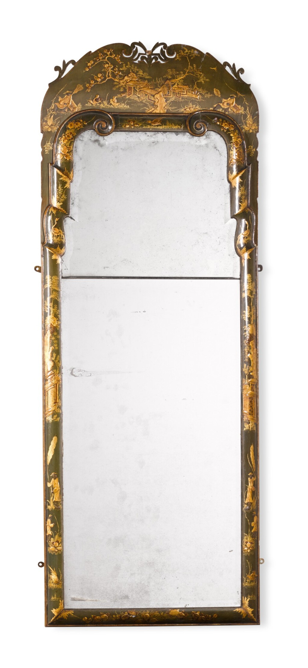 View full screen - View 1 of Lot 40. A Queen green and gilt japanned pier mirror, early 18th century.
