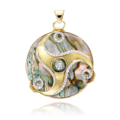View full screen - View 1 of Lot 76. ABALONE SHELL AND DIAMOND PENDANT.