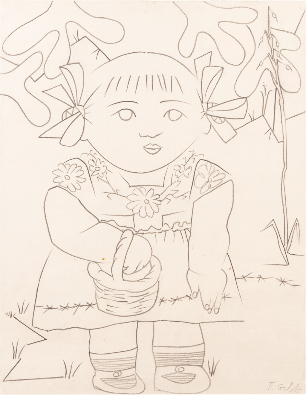 View full screen - View 1 of Lot 207. Paloma in flower dress holding a basket.