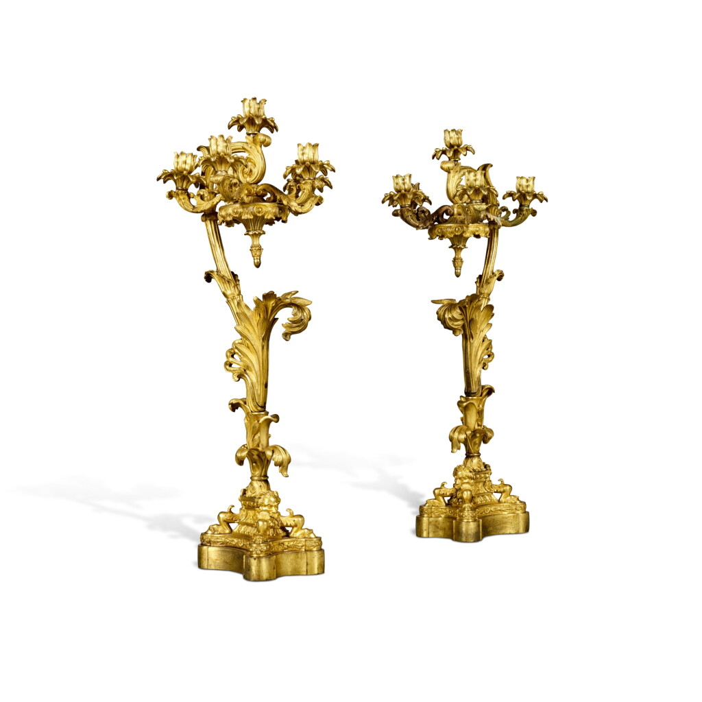 View full screen - View 1 of Lot 146. A Pair of North European Gilt-Bronze Six-Light Candelabra, Possibly German, Mid-19th Century.