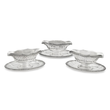 View full screen - View 1 of Lot 6. King Leopold III: A set of three Belgian silver sauce boats, Lemaire & de Vernisy, Brussels, early 20th century.