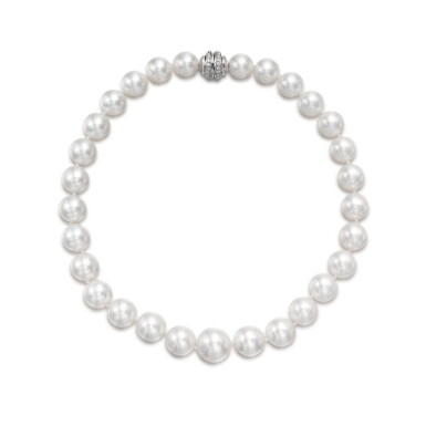 View full screen - View 1 of Lot 393. Cultured Pearl and Diamond Necklace.