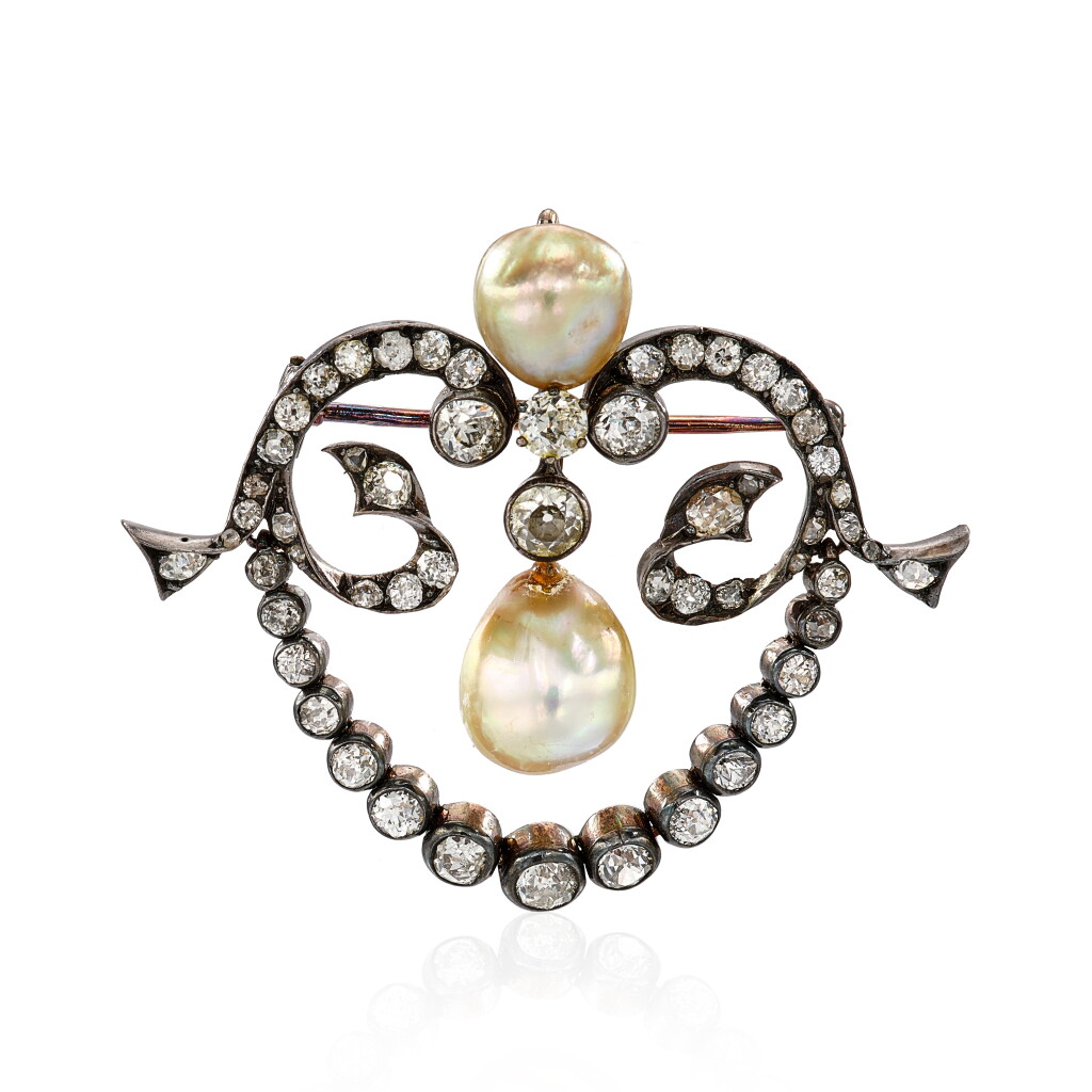 View full screen - View 1 of Lot 517. Natural Pearl and Diamond Brooch/ Pendant, Late 19th Century | 天然珍珠 配 鑽石 胸針/掛墜, 十九世紀末.