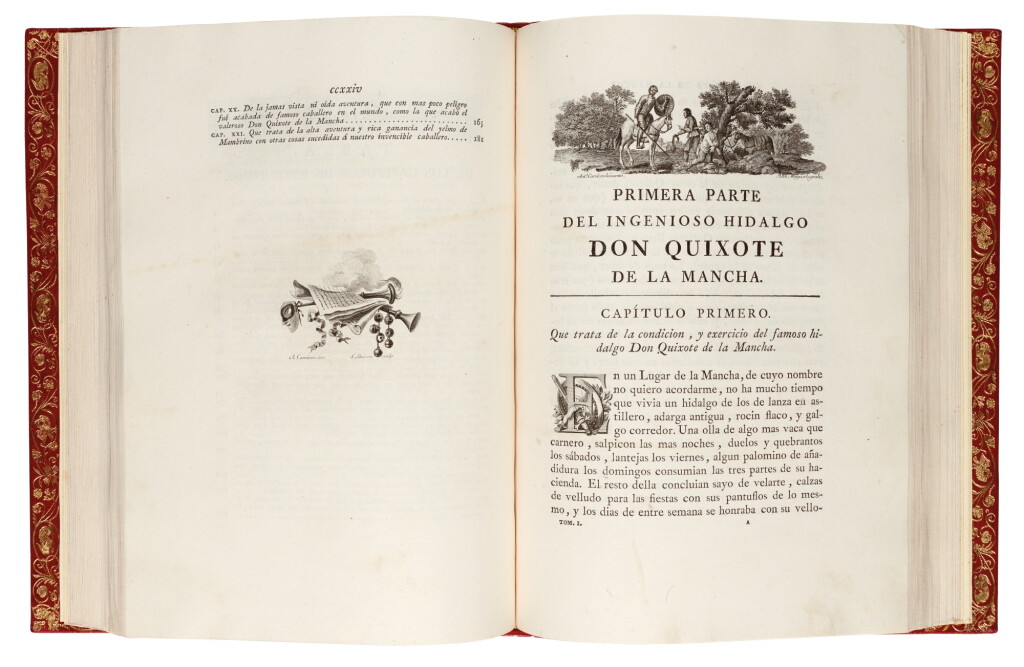 View full screen - View 1 of Lot 174. Cervantes, Don Quixote, Madrid, Ibarra, 1780, 4 volumes, modern red morocco gilt.