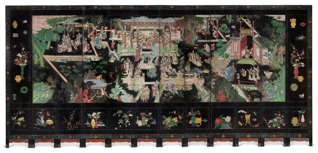 View full screen - View 1 of Lot 721. A twelve-panel Coromandel 'birthday' screen, Dated Kangxi 12th year, corresponding to 1673 | 清康熙十二年(1673年) 髹漆加彩刻郭子儀祝壽圖十二扇屏風.