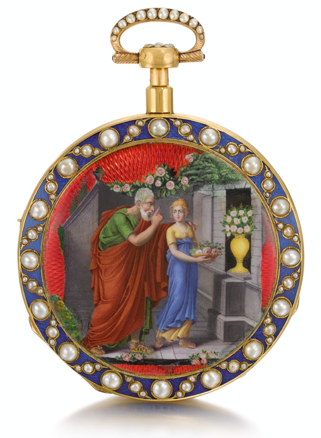 View full screen - View 1 of Lot 45. 'THE OFFERING' SWISS | A GOLD, ENAMEL AND PEARL-SET QUARTER REPEATING MUSICAL WATCH MADE FOR THE CHINESE MARKET CIRCA 1820.