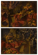 Still lifes of fruit set on a ledge draped with brocade
