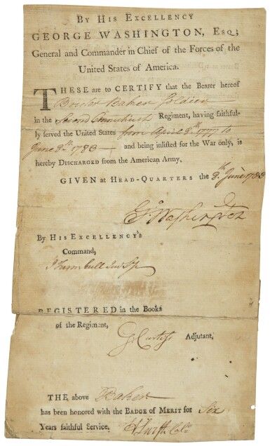 View full screen - View 1 of Lot 2218. Washington, George. Discharge document signed, 8 June 1783.