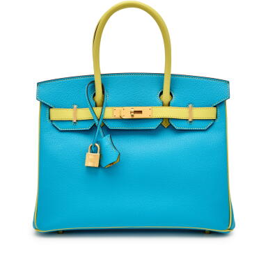 View full screen - View 1 of Lot 41. Bleu Aztec and Lime Chèvre Custom Birkin 30 Brushed Gold Hardware, 2015.