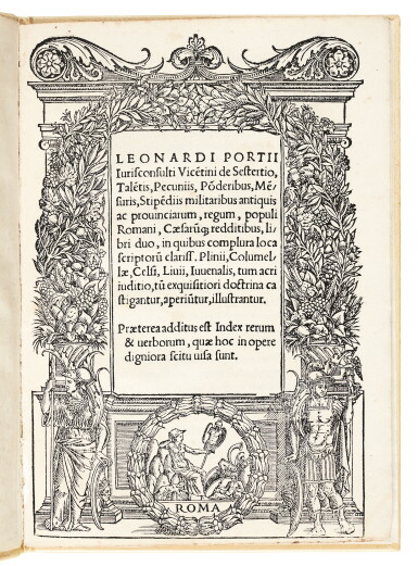 View full screen - View 1 of Lot 219. Porto, De sestertio, talentis, pecuniis, ponderibus, mensuris, Rome, 1524, modern vellum.