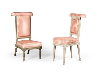 View full screen - View 1 of Lot 58. Two Louis XVI grey lacquered chaises ponteuses, one stamped “J.B. BOULARD”, the other one “G. IACOB”, circa 1780 .