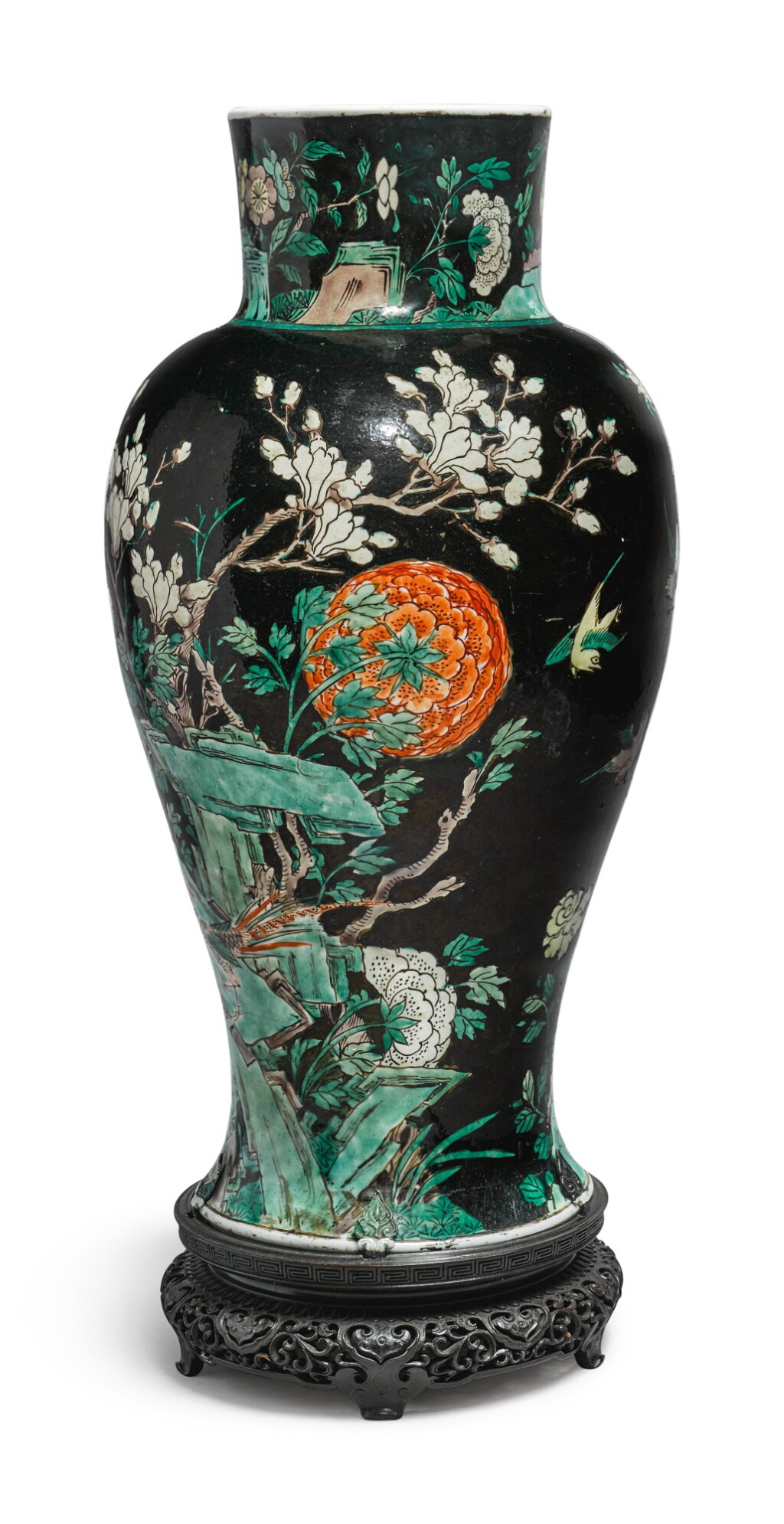View full screen - View 1 of Lot 1039. A FAMILLE-NOIRE 'BIRD AND FLOWER' BALUSTER JAR, QING DYNASTY, 19TH CENTURY.