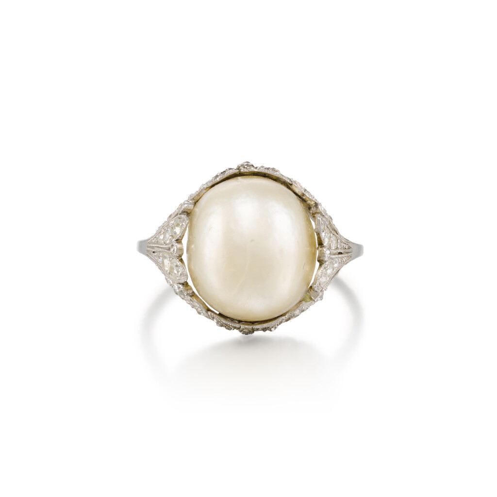 View full screen - View 1 of Lot 61. Natural Pearl and Diamond Ring.
