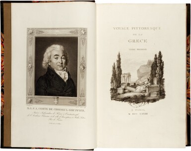 View full screen - View 1 of Lot 45. Marie Gabriel Florent Auguste de Choiseul-Gouffier | Voyage pittoresque de la Grèce, Paris, 1809-1822, 3 volumes, green half morocco.