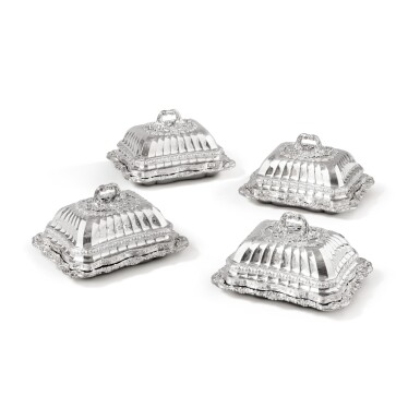 View full screen - View 1 of Lot 894. A set of four George III silver entrée dishes and covers, Philip Rundell, for Rundell, Bridge and Rundell, London, 1821.
