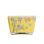 A yellow-ground grisaille-painted 'Dayazhai' 'bird and flower' jardinière, Qing dynasty, Guangxu period | 清光緒 黃地墨彩花鳥紋長方倭角花盆 《大雅齋》、《永慶長春》款