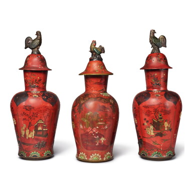 View full screen - View 1 of Lot 625. THREE BERLIN FAIENCE RED-LACQUERED VASES AND COVERS, 19TH CENTURY.