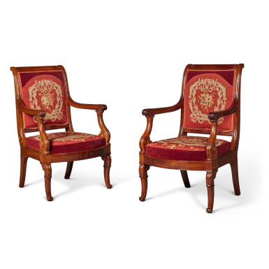 View full screen - View 1 of Lot 314. A Pair of Charles X Mahogany Fauteuils, Circa 1830.