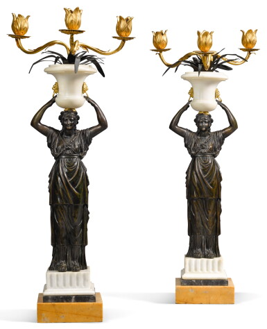 View full screen - View 1 of Lot 39. A PAIR OF ITALIAN PATINATED BRONZE AND GILT-BRONZE MARBLE THREE-LIGHT CANDELABRA, ROME LATE 18TH CENTURY.