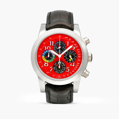 View full screen - View 1 of Lot 2388. Three Gold Bridges Tourbillon "Tribute to Enzo Ferrari", Reference 99190-11-620SBA6A | A unique stainless steel perpetual calendar tourbillon chronograph wristwatch with leap year and day and night indication, Circa 2007.