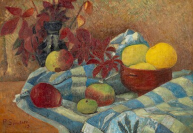 View full screen - View 1 of Lot 42. Nature morte aux pommes sur nappe aux carreaux bleus et bouquet feuillage d'automne.
