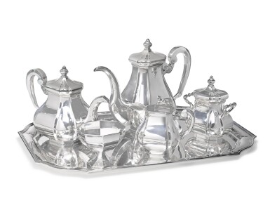 View full screen - View 1 of Lot 91. A Five-Piece Silver Tea and Coffee Set with Tray, Probably Italian, 20th Century.