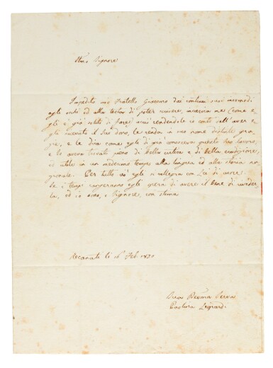 View full screen - View 1 of Lot 30. G. Leopardi. Unpublished letter, dictated to his sister Paolina, and six by his brother Pierfrancesco, 1830-1847.