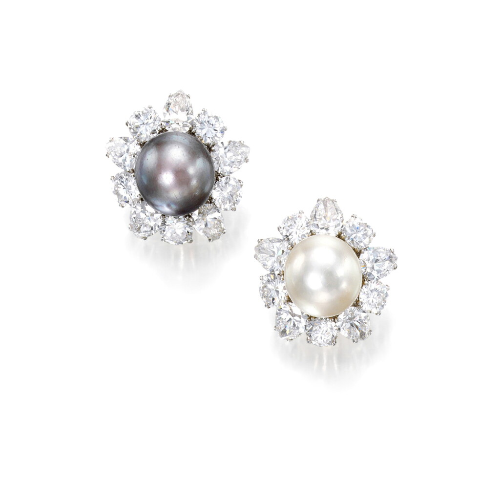 View full screen - View 1 of Lot 68. Pair of Natural Pearl and Diamond Earclips.