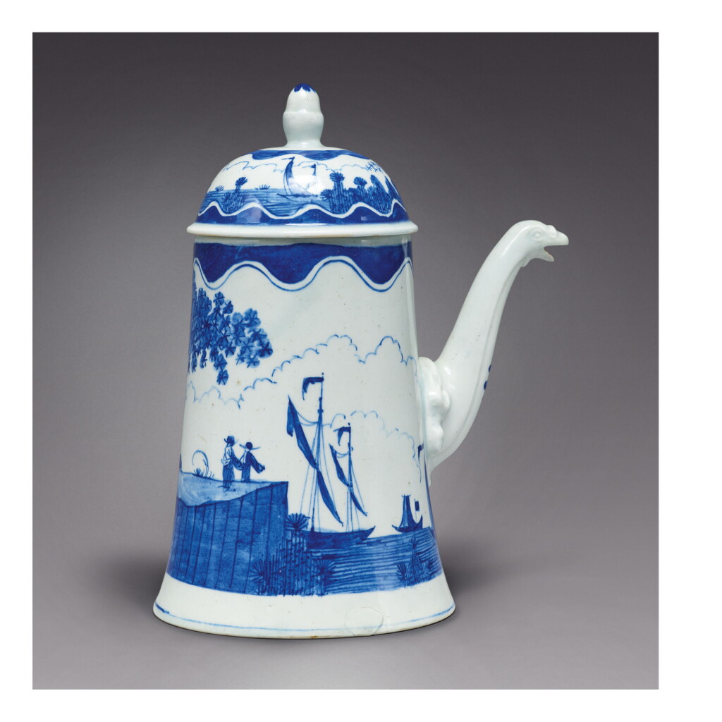View full screen - View 1 of Lot 33. A RARE BOW PORCELAIN BLUE AND WHITE CHOCOLATE OR COFFEE POT AND COVER CIRCA 1750 .